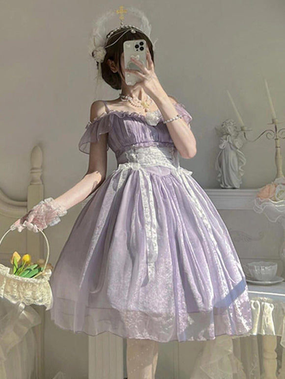 Lavender Princess Style Sweet Lolita Dress Floral Lace Ribbon Accents