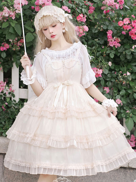 Lolita Dresses Tea Party Style Lolita Skirt Pearls Sleeveless Polyester Sweet Light Apricot