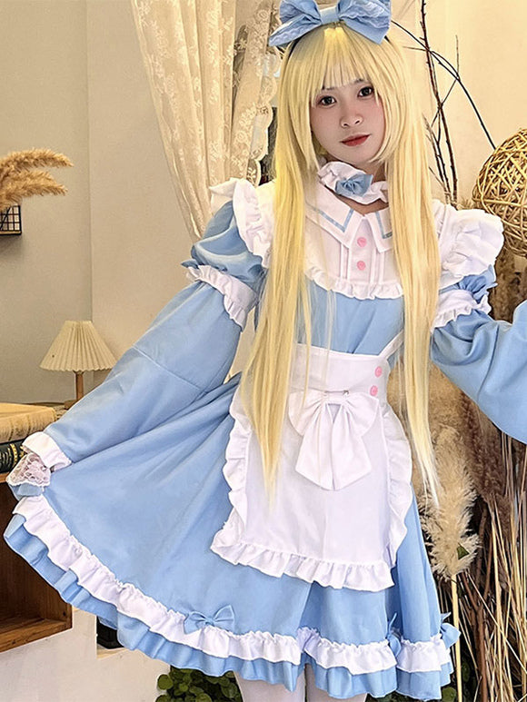 Maid Lolita Dress Polyester Long Sleeves Blue Lolita Dress