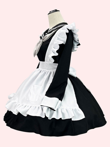 Maid Lolita Dress Polyester Long Sleeves Ruffles Navy Style Lolita Dress