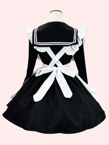 Maid Lolita Dress Polyester Long Sleeves Ruffles Navy Style Lolita Dress