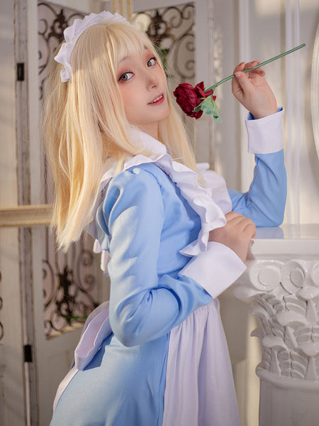 Maid Lolita Dress Polyester Long Sleeves Ruffles Sweet Lolita Dress