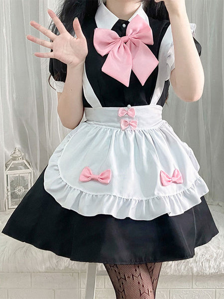 Maid Lolita Dress Polyester Pink Bow Short Sleeves Lolita Dress