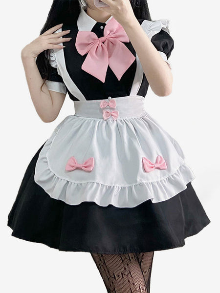 Maid Lolita Dress Polyester Pink Bow Short Sleeves Lolita Dress