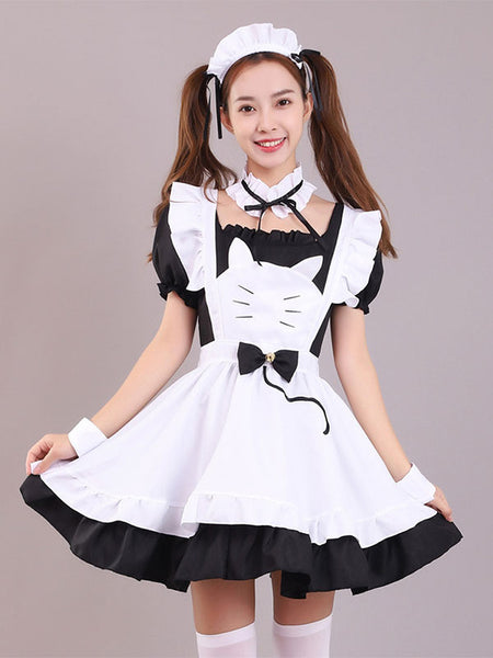 Maid Lolita Dresses Ruffles Lace Bow Short Sleeves Lolita Dress