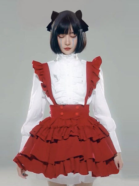 Maid Lolita Dresses Ruffles Red Long Sleeves Lolita Dress