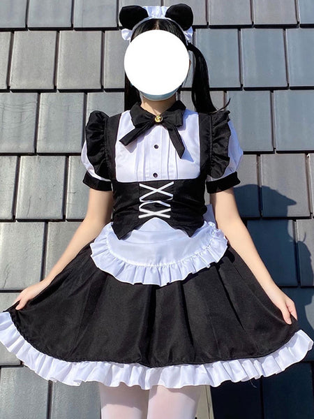 Maid Lolita Dresses Ruffles Bows Bandage Black Lolita Dress