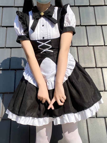 Maid Lolita Dresses Ruffles Bows Bandage Black Lolita Dress