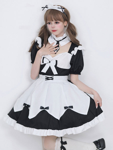 Maid Lolita Dresses Ruffles Lace Bandage Bows Black Lolita Dress