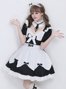 Maid Lolita Dresses Ruffles Lace Bandage Bows Black Lolita Dress