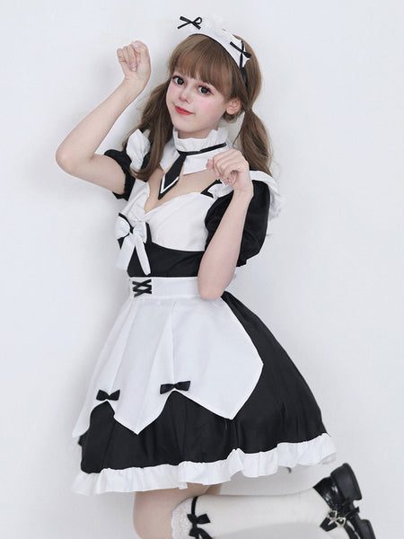 Maid Lolita Dresses Ruffles Lace Bandage Bows Black Lolita Dress