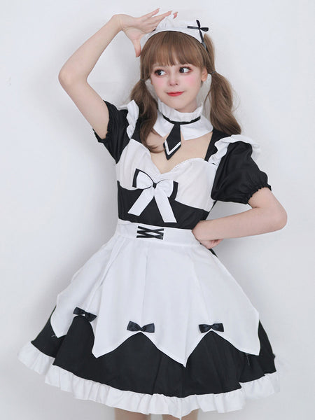 Maid Lolita Dresses Ruffles Lace Bandage Bows Black Lolita Dress