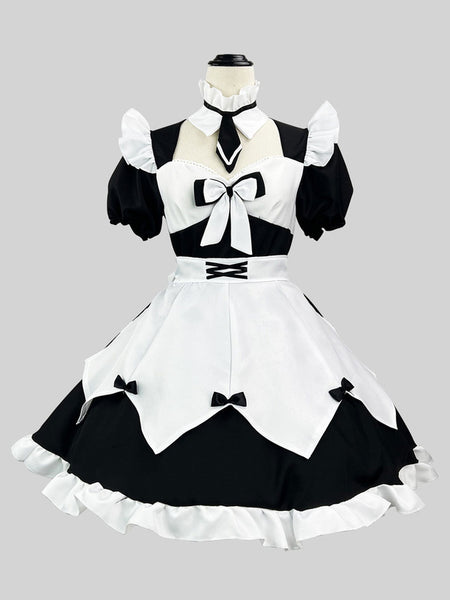 Maid Lolita Dresses Ruffles Lace Bandage Bows Black Lolita Dress