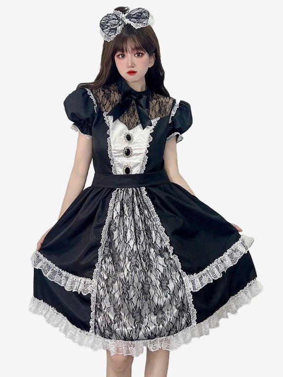 Maid Lolita Dresses Ruffles Lace Black Short Sleeves Lolita Dress