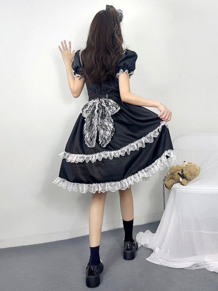 Maid Lolita Dresses Ruffles Lace Black Short Sleeves Lolita Dress