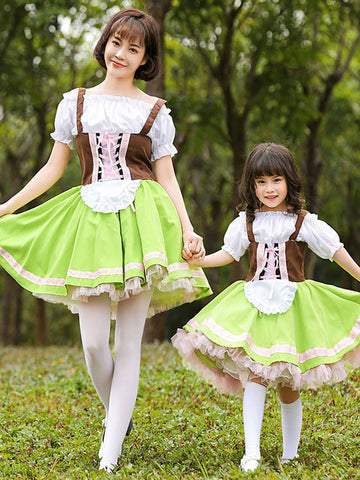 Parent-child Green Lolita OP Dress Lace Up Ruffles Lolita One Piece Dresses