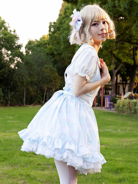 Pastoral Style Lolita SK Ruffles Light Sky Blue Floral Print Lolita Skirts