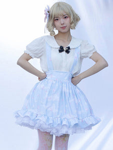 Pastoral Style Lolita SK Ruffles Light Sky Blue Floral Print Lolita Skirts