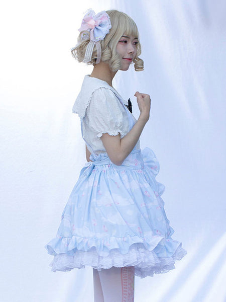 Pastoral Style Lolita SK Ruffles Light Sky Blue Floral Print Lolita Skirts