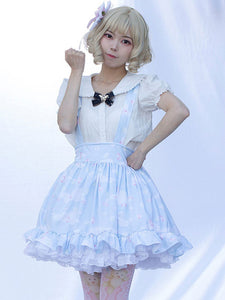 Pastoral Style Lolita SK Ruffles Light Sky Blue Floral Print Lolita Skirts