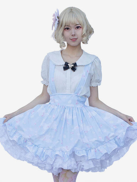 Pastoral Style Lolita SK Ruffles Light Sky Blue Floral Print Lolita Skirts