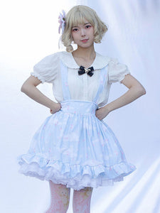 Pastoral Style Lolita SK Ruffles Light Sky Blue Floral Print Lolita Skirts