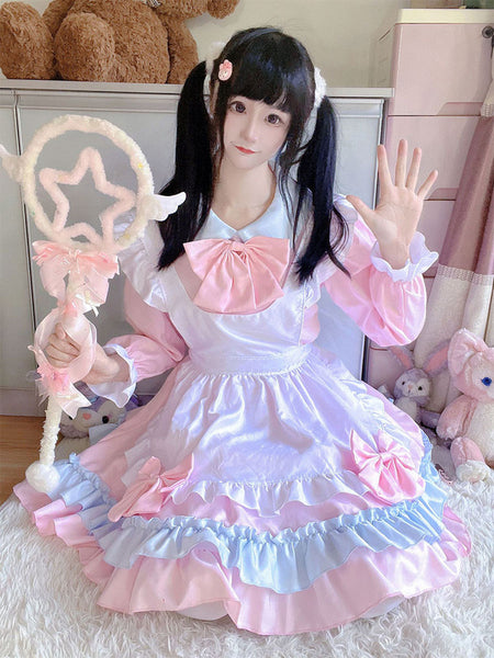 Pink Maid Dress Polyester Bow Long Sleeves Lolita Dress