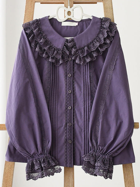 ROCOCO Style Lolita Blouses Lolita Top Purple Long Sleeves Lace Ruffles Lolita Shirt