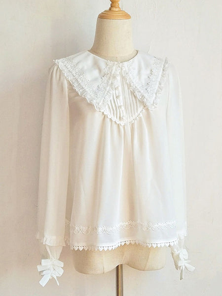 ROCOCO Style Lolita Blouses Pleated Ruffles Long Sleeves Blouse Lolita Top White Lolita Shirt