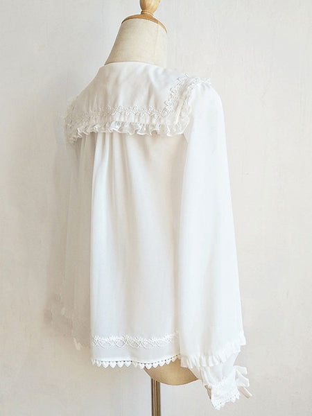 ROCOCO Style Lolita Blouses Pleated Ruffles Long Sleeves Blouse Lolita Top White Lolita Shirt