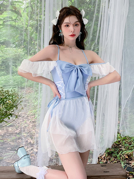 ROCOCO Style Lolita Outfits Light Sky Blue Polka Dot Lace Up Ruffles Sleeveless Jumpsuit