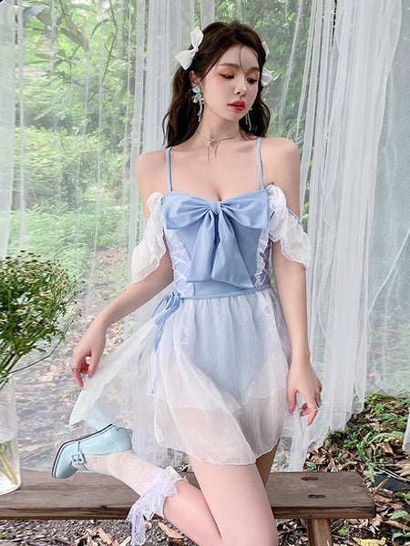 ROCOCO Style Lolita Outfits Light Sky Blue Polka Dot Lace Up Ruffles Sleeveless Jumpsuit