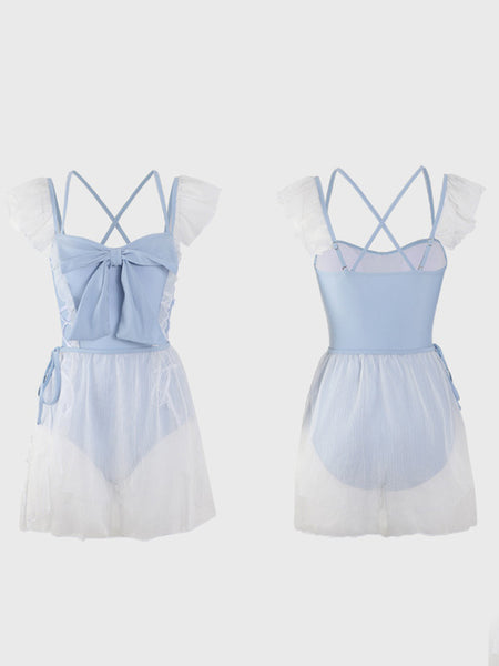 ROCOCO Style Lolita Outfits Light Sky Blue Polka Dot Lace Up Ruffles Sleeveless Jumpsuit