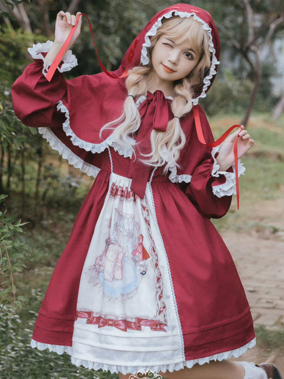 ROCOCO Style Lolita Poncho Red Polyester Lace Bows Winter Lolita Outwears