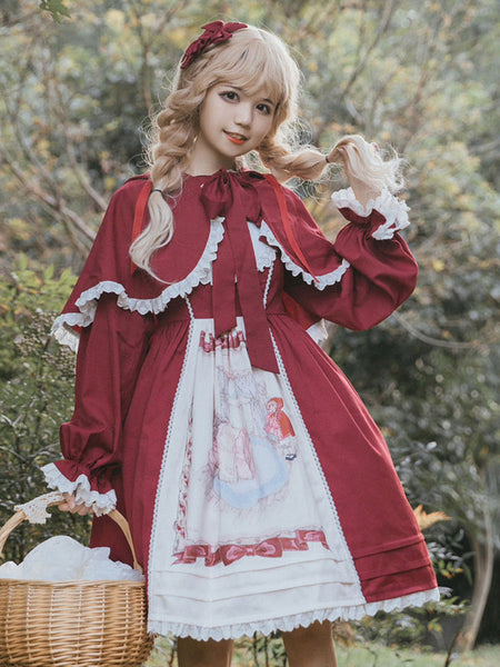 ROCOCO Style Lolita Poncho Red Polyester Lace Bows Winter Lolita Outwears