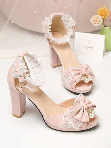 ROCOCO Style Lolita Sandals Pearls Lace Peep Toe PU Leather White Lolita Summer Shoes