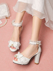 ROCOCO Style Lolita Sandals Pearls Lace Peep Toe PU Leather White Lolita Summer Shoes