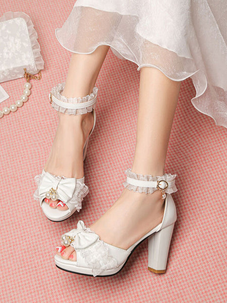 ROCOCO Style Lolita Sandals Pearls Lace Peep Toe PU Leather White Lolita Summer Shoes