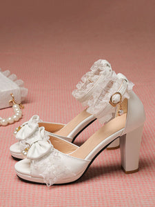 ROCOCO Style Lolita Sandals Pearls Lace Peep Toe PU Leather White Lolita Summer Shoes