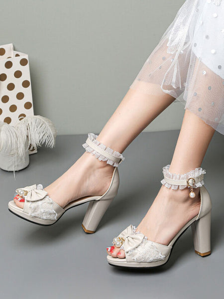 ROCOCO Style Lolita Sandals Pearls Lace Peep Toe PU Leather White Lolita Summer Shoes