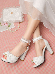 ROCOCO Style Lolita Sandals Pearls Lace Peep Toe PU Leather White Lolita Summer Shoes