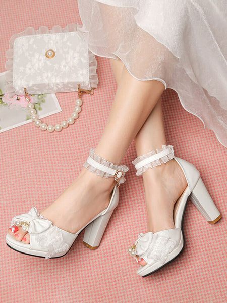 ROCOCO Style Lolita Sandals Pearls Lace Peep Toe PU Leather White Lolita Summer Shoes