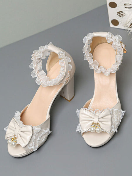 ROCOCO Style Lolita Sandals Pearls Lace Peep Toe PU Leather White Lolita Summer Shoes