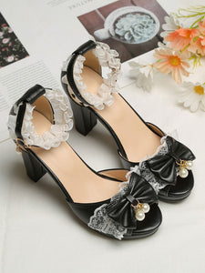 ROCOCO Style Lolita Sandals Pearls Lace Peep Toe PU Leather White Lolita Summer Shoes