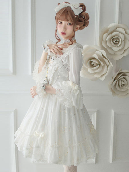 Steampunk Lolita Blouses Lolita Top Ruffles Bows Half Sleeves Blouse White Lolita Shirt