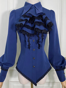 Steampunk Lolita Blouses Ruffles Lace Lolita Top Long Sleeves Blouse Blue Lolita Shirt