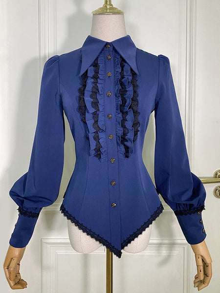 Steampunk Lolita Blouses Ruffles Lace Lolita Top Long Sleeves Blouse Blue Lolita Shirt