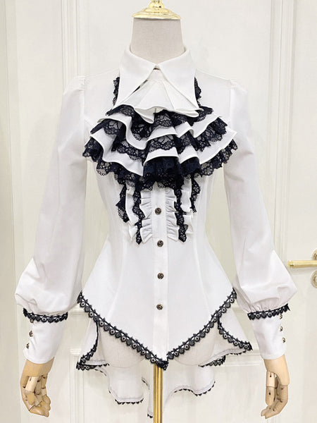 Steampunk Lolita Blouses Ruffles Lace Lolita Top Long Sleeves Blouse Blue Lolita Shirt