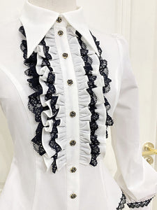 Steampunk Lolita Blouses Ruffles Lace Lolita Top Long Sleeves Blouse Blue Lolita Shirt