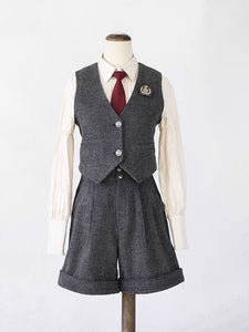 Steampunk Ouji Lolita Outfits Gray Sleeveless Pants Overcoat